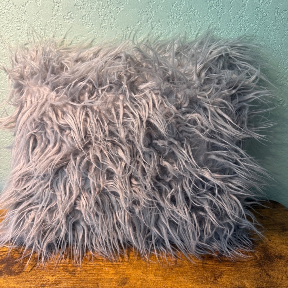 Gray Faux Fur Shaggy Throw Pillow Square 14"x16" Accent Cushion Soft Retro